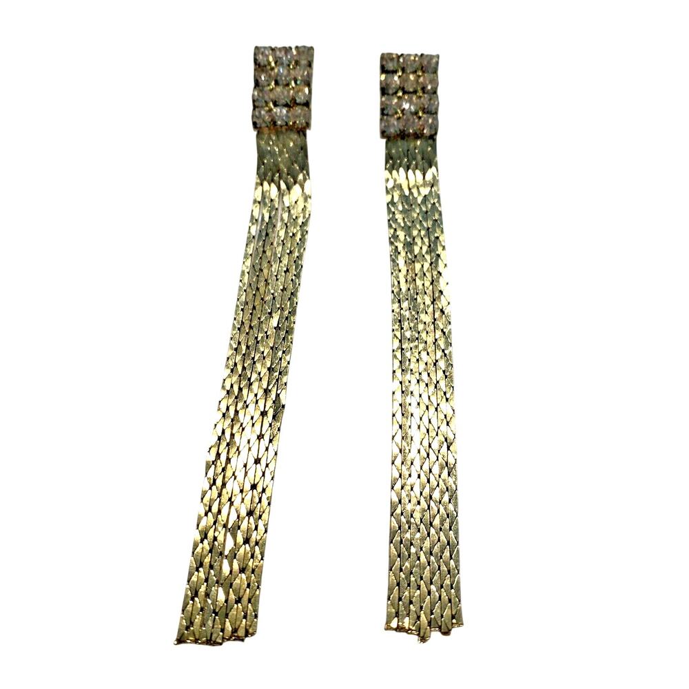 Dramatic Dressy Pierced Earrings Y2K Gold Chain White Rhinestone Runway Dangles